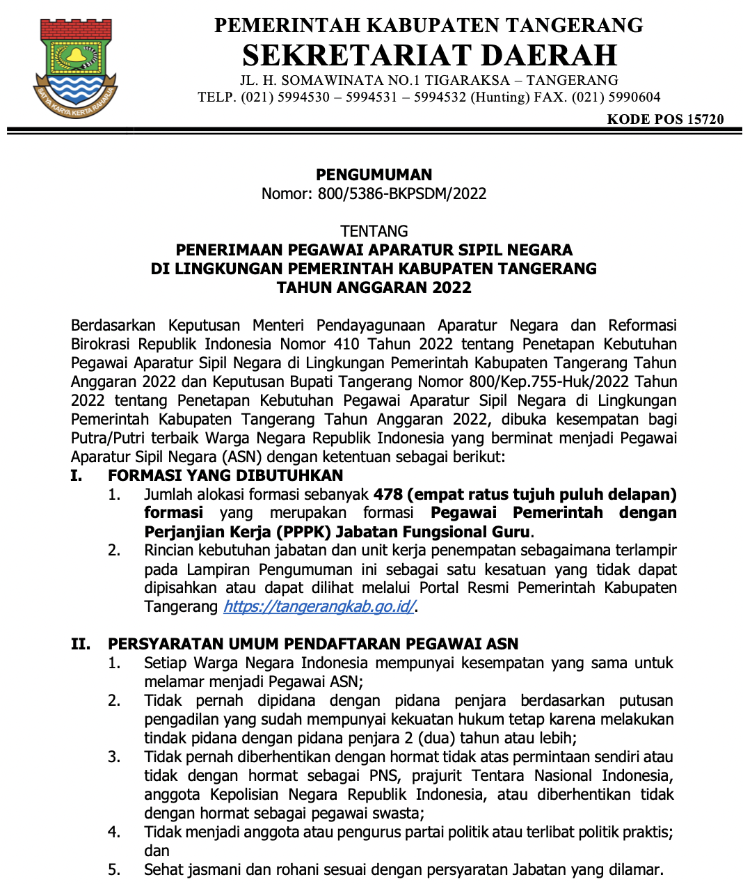 Formasi Resmi PPPK 2022 Guru Kabupaten Tangerang